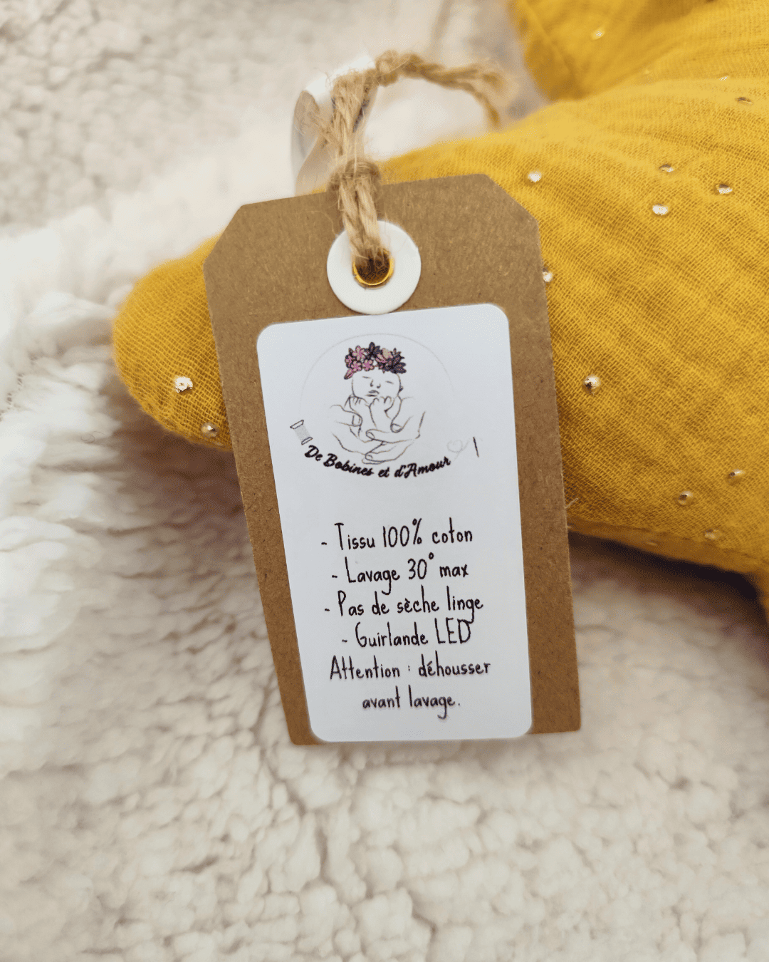 étiquette entretien veilleuse bébé étoile tissu lavable LED