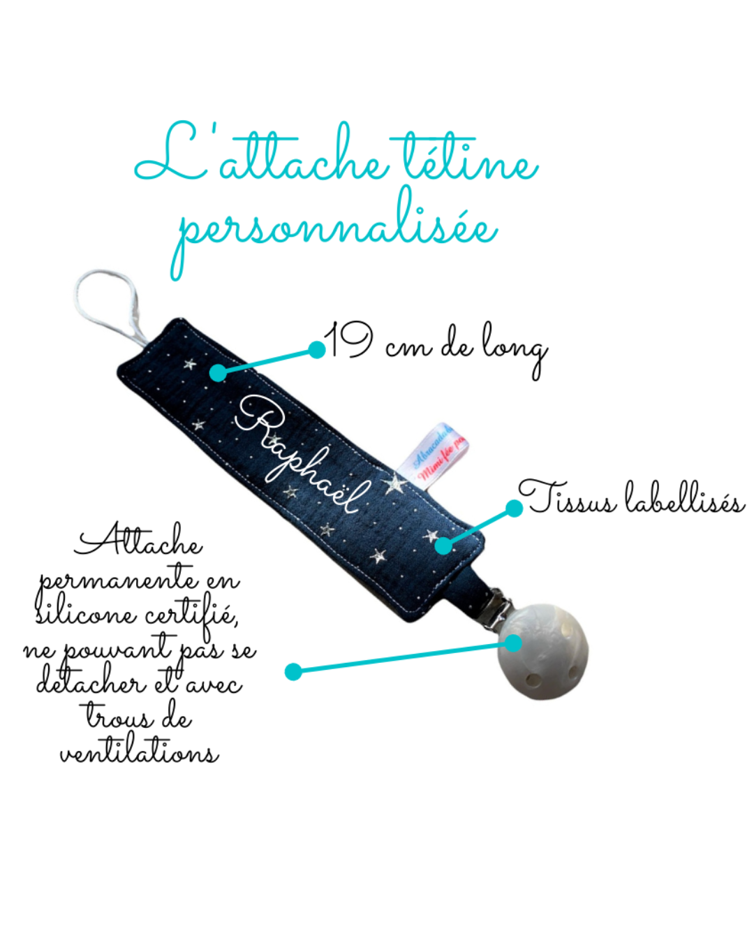 attache-tetine-prenom-raphael Attache tétine personnalisable Raphaël en tissu bleu nuit, norme securite