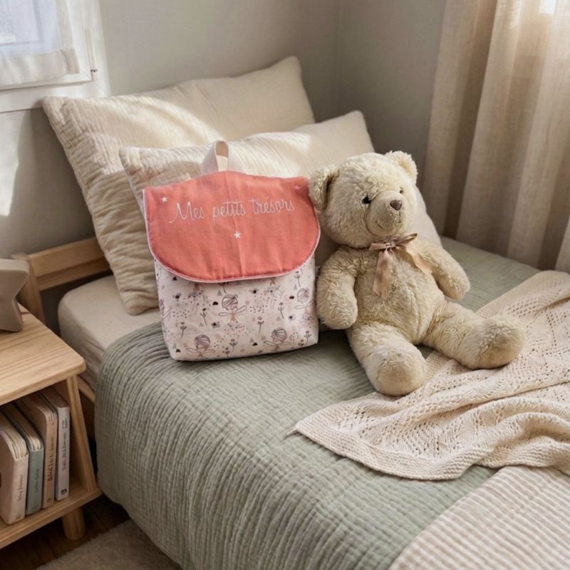 sac à dos enfant personnalisé avec prénom posé dans une chambre bébé ambiance douce