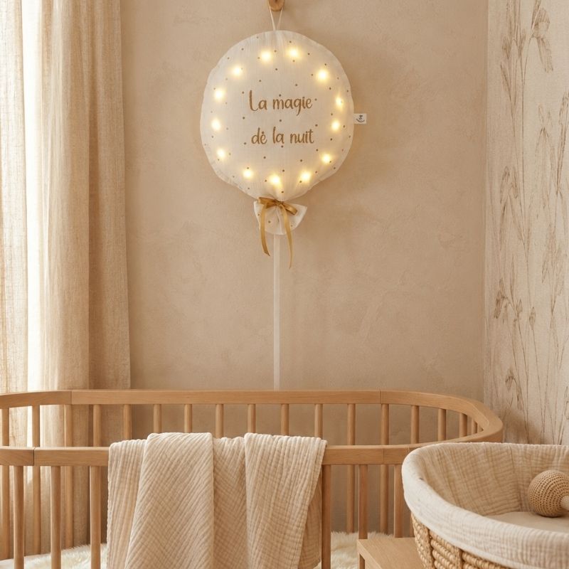 Veilleuse ballon bébé personnalisée en tissu avec lumière LED douce dans une chambre bébé beige et naturelle