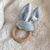 anneau de dentition bébé bois naturel oreilles lapin tissu bleu doux
