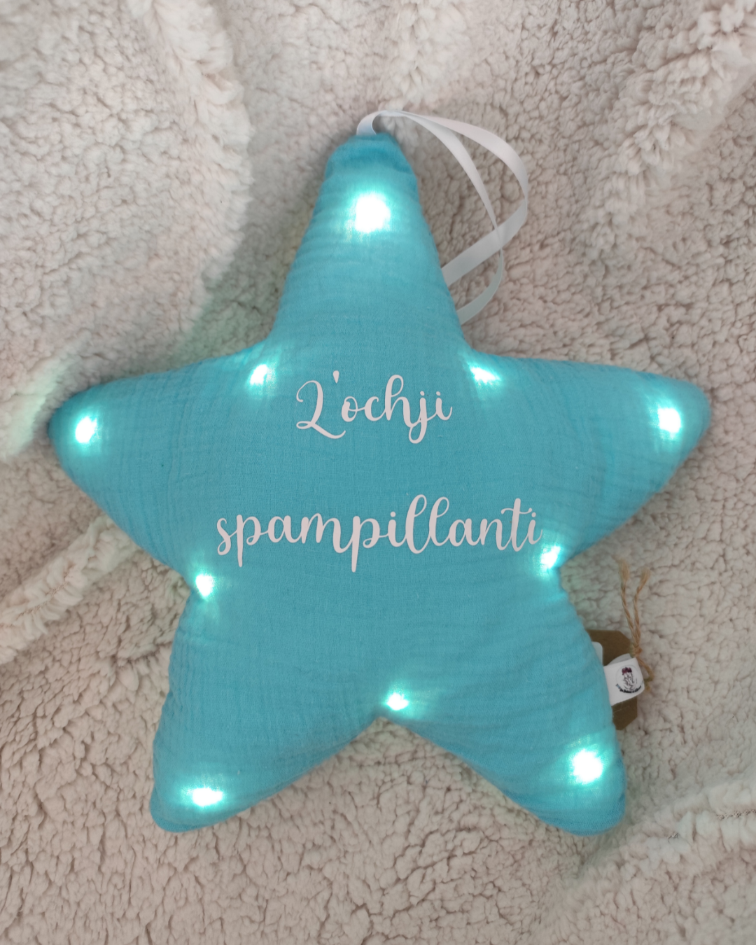 veilleuse bebe etoile personnalisee tissu double gaze coton lumineuse prénom lochiu spampillanti