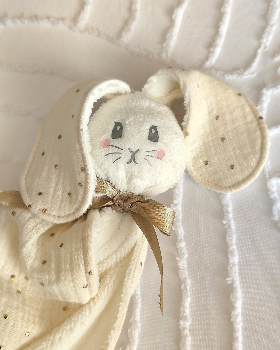 visage doudou lapin bébé personnalisé en tissu doux double gaze coton