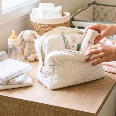 Trousse de toilette bébé ouverte avec produits de soin sur table à langer